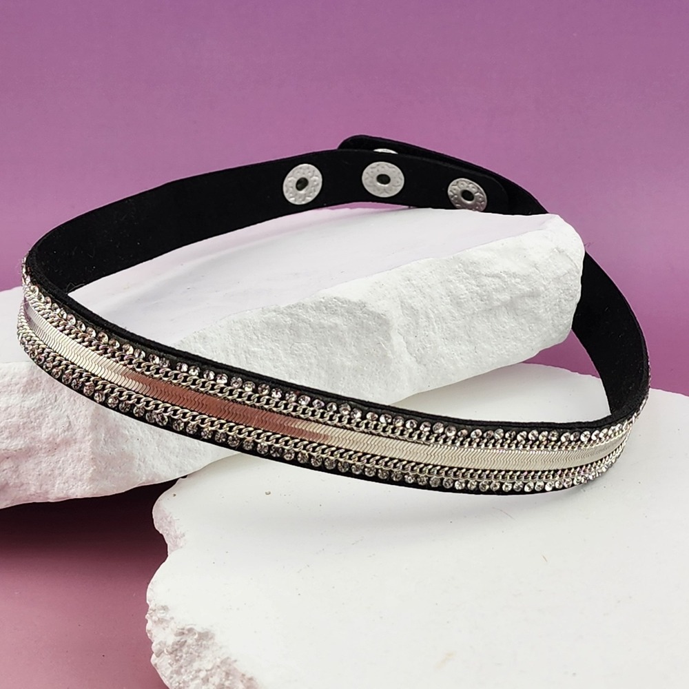Black Faux Suede Choker Necklace Rhinestone Chain Silver Tone Punk Adjustable